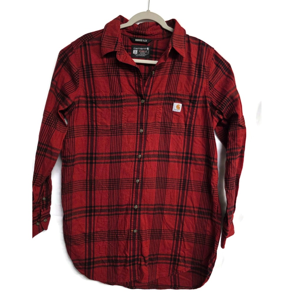 CARHARTT WOMEN'S Red Buffalo Plaid Rugged Flex FLANNEL TUNIC Shirt Women's Large